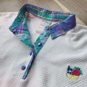 Koret Francisca Womens Large White Textured Knit Polo Top Fruit Embroidery Plaid